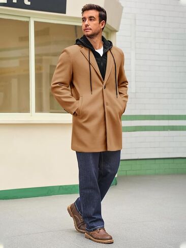 معطف Runcati Mens Trench Single Single Breaded Mid-Long Pea Coat Classic Winter Business Jacket مع غطاء قابلة للفصل in Saudi Arabia