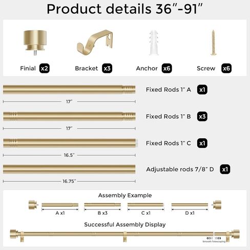 Modern Gold Curtain Rods for Windows 48 to 84 Inch, 1" Diameter Adjustable Heavy Duty Window Curtain Pole with Matte Gold End Cap Finials, Decorative Drapery Rods for Living Room, Bedroom in Kuwait