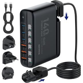 شاحن QENEQ 65 وات USB C، GaN PPS 3 منافذ قابل للطي سريع الحجم، شاحن حائط، محول سفر مع سلك تمديد قابس الولايات المتحدة/المملكة المتحدة/الاتحاد الأوروبي لأجهزة MacBook Pro/Air، iPad Pro، Galaxy S23، Dell XPS 13، iPhone 15، والمزيد in Kuwait