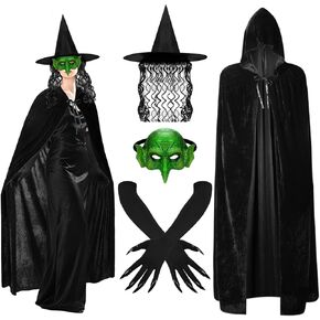 Jansun 4 PCS Halloween Witch Costumes, Hooded Cape Witch Hat Old Foam Goblin Half Face Eagle Nose Sorceress Mask Black Long Paw Gloves Cloak Horror Wizard Dress Up Halloween Cosplay Costume in Saudi Arabia
