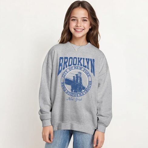 Girls Graphic Crewneck Sweatshirts New York رسالة مطبوعة إسقاط الكتف Pullover خمر طويل الأكمام الطويلة قمم غير رسمية in Saudi Arabia