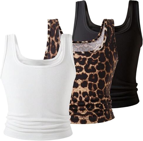 Girl's 3 Packs Cheetah Print Sleeveless Tops Summer Square Neck Fitted Tank Top in Saudi Arabia