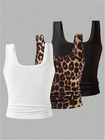 Girl's 3 Packs Cheetah Print Sleeveless Tops Summer Square Neck Fitted Tank Top in Saudi Arabia