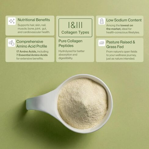 Collagen Peptides Powder Grass-Fed Pasture-Raised Hydrolyzed Collagen Powder, Type I & III Hair, Nails, Skin and Joints, Non-GMO, Paleo & Keto, Unflavored, 16 Fl oz. 45 Servings in Saudi Arabia
