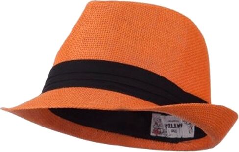 Hatter Mens 3 Layer Pleated Band Solid Color Straw Fedora Orange in Saudi Arabia