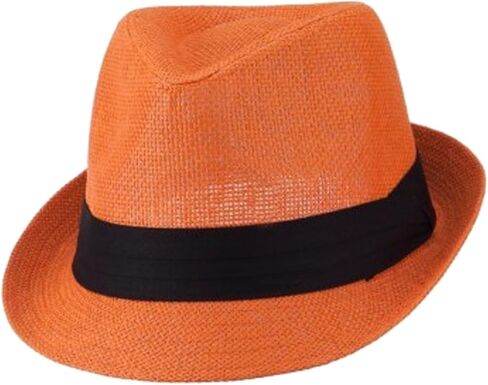 Hatter Mens 3 Layer Pleated Band Solid Color Straw Fedora Orange in Saudi Arabia