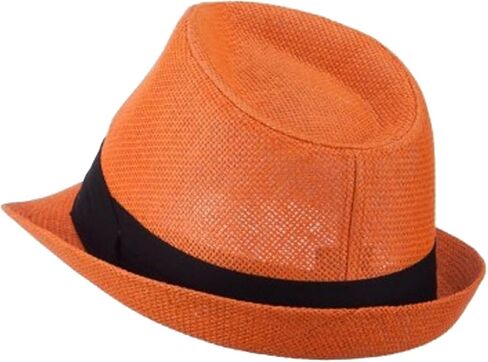 Hatter Mens 3 Layer Pleated Band Solid Color Straw Fedora Orange in Saudi Arabia