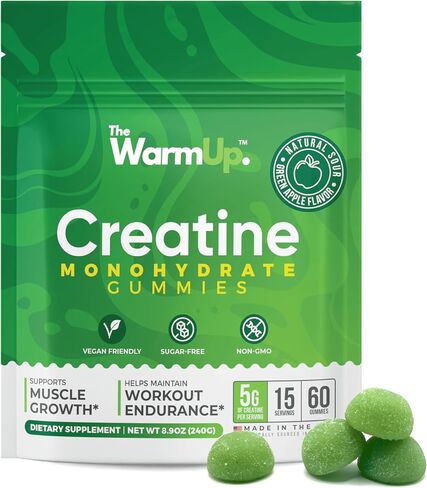 TheWarmUp Creatine Monohydrate Gummies (15 Servings, 60 Count), Sour Green Apple | US Made, Convenient Pouch | Sugar-Free, Vegan, Non-GMO, Gluten Free | Boost Strength & Focus in Saudi Arabia