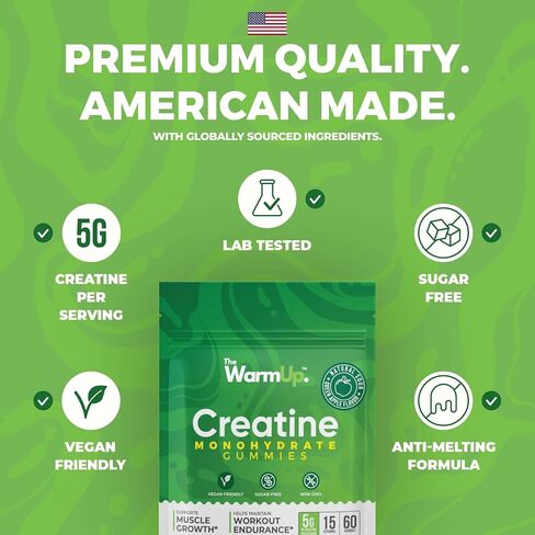 TheWarmUp Creatine Monohydrate Gummies (15 Servings, 60 Count), Sour Green Apple | US Made, Convenient Pouch | Sugar-Free, Vegan, Non-GMO, Gluten Free | Boost Strength & Focus in Saudi Arabia
