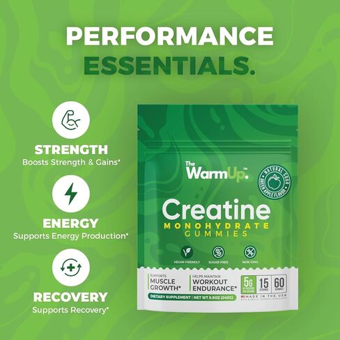 TheWarmUp Creatine Monohydrate Gummies (15 Servings, 60 Count), Sour Green Apple | US Made, Convenient Pouch | Sugar-Free, Vegan, Non-GMO, Gluten Free | Boost Strength & Focus in Saudi Arabia