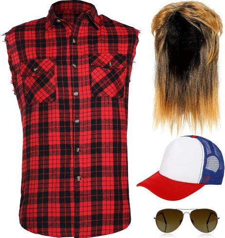 SATINIOR 80s Costume for Men Blonde Mullet Wig Men Flannel Plaid Sleeveless Plus Size Vest Metal Frame Blonde Sunglasses Hat(Red,Large Shirt) in Saudi Arabia