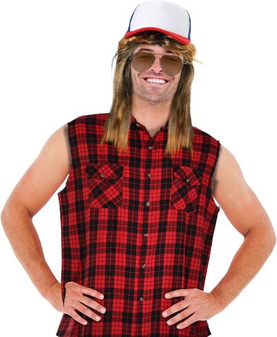SATINIOR 80s Costume for Men Blonde Mullet Wig Men Flannel Plaid Sleeveless Plus Size Vest Metal Frame Blonde Sunglasses Hat(Red,Large Shirt) in Saudi Arabia