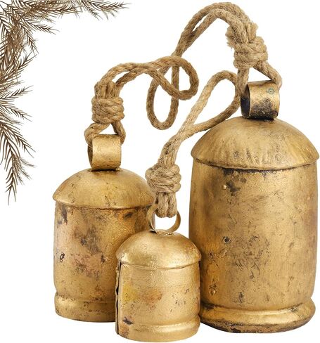 Shabby Chic Vintage Country Rustic Hanging Cowbells on Jute Rope Christmas Farmhouse Décor Handmade Harmony Bells (1, 3 Bell Set) in Kuwait