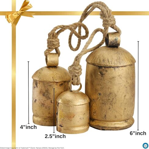 Shabby Chic Vintage Country Rustic Hanging Cowbells on Jute Rope Christmas Farmhouse Décor Handmade Harmony Bells (1, 3 Bell Set) in Kuwait