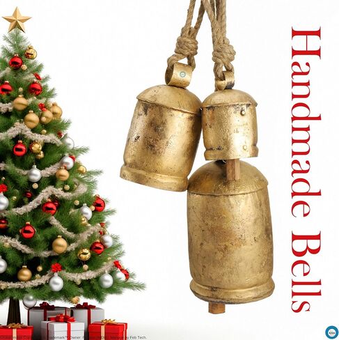 Shabby Chic Vintage Country Rustic Hanging Cowbells on Jute Rope Christmas Farmhouse Décor Handmade Harmony Bells (1, 3 Bell Set) in Kuwait