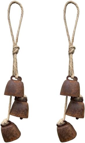2pc Rustic Charm Bell - Handmade Hemp Rope Wind Chimes Hanging Decoration, Distressed Finish Cow Bell with Jute Hanging Rope, Perfect for Front Door, Outdoor, Window, and Home Decor, in Saudi Arabia