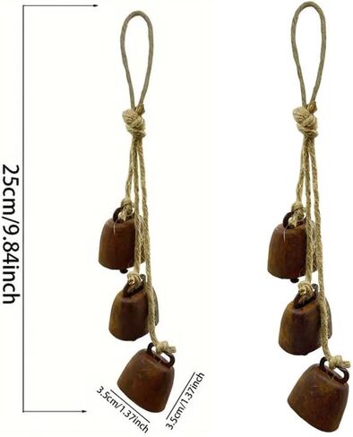 2pc Rustic Charm Bell - Handmade Hemp Rope Wind Chimes Hanging Decoration, Distressed Finish Cow Bell with Jute Hanging Rope, Perfect for Front Door, Outdoor, Window, and Home Decor, in Saudi Arabia