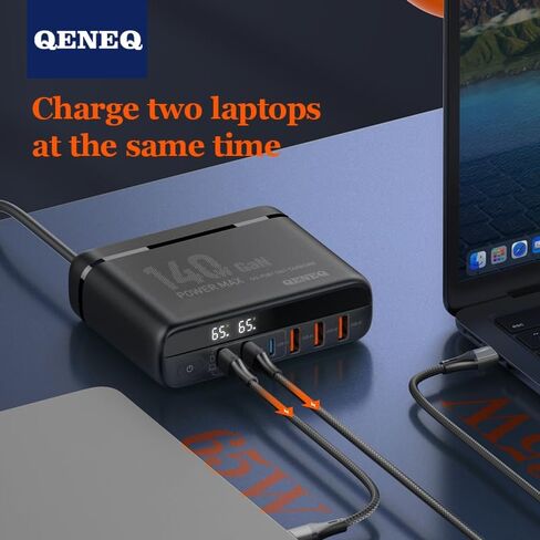 شاحن QENEQ 65 وات USB C، GaN PPS 3 منافذ قابل للطي سريع الحجم، شاحن حائط، محول سفر مع سلك تمديد قابس الولايات المتحدة/المملكة المتحدة/الاتحاد الأوروبي لأجهزة MacBook Pro/Air، iPad Pro، Galaxy S23، Dell XPS 13، iPhone 15، والمزيد in Kuwait