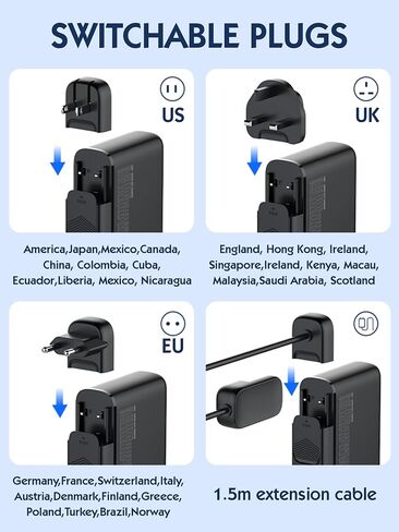 شاحن QENEQ 65 وات USB C، GaN PPS 3 منافذ قابل للطي سريع الحجم، شاحن حائط، محول سفر مع سلك تمديد قابس الولايات المتحدة/المملكة المتحدة/الاتحاد الأوروبي لأجهزة MacBook Pro/Air، iPad Pro، Galaxy S23، Dell XPS 13، iPhone 15، والمزيد in Kuwait