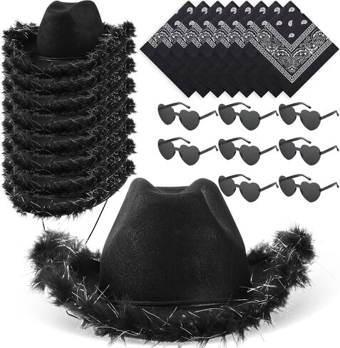 24 Pack Cowgirl Hats with Paisley Bandana and Heart Glasses Set, Fluffy Feather Boa Cowgirl Cowboy Hats for Party in Saudi Arabia