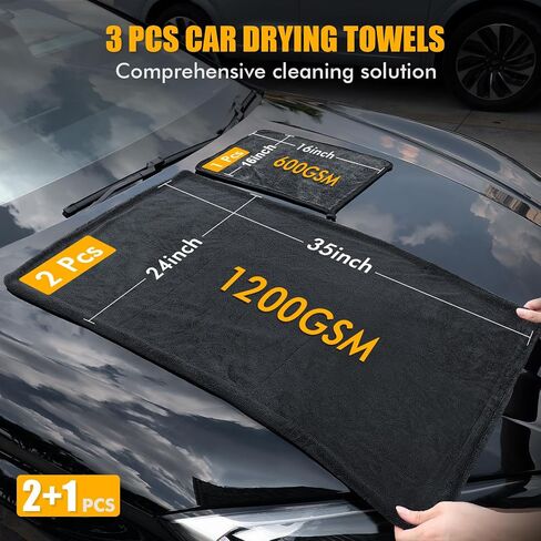 3-Pack 1200 GSM Car Drying Towels – Microfiber Towels for Cars 35"x 24" & 16"x 16", Extra Large Super Absorbent Microfiber Drying Towel Detailing Supplies for Car and Trucks, No Streaks & Scratches in Saudi Arabia