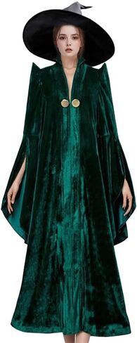 Womens Witch Professor Costume Green Robe Hat Outfit Halloween Wizard Costume Cloak in Saudi Arabia