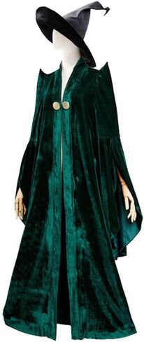 Womens Witch Professor Costume Green Robe Hat Outfit Halloween Wizard Costume Cloak in Saudi Arabia