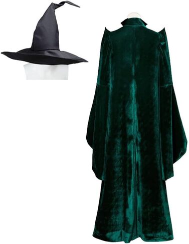 Womens Witch Professor Costume Green Robe Hat Outfit Halloween Wizard Costume Cloak in Saudi Arabia