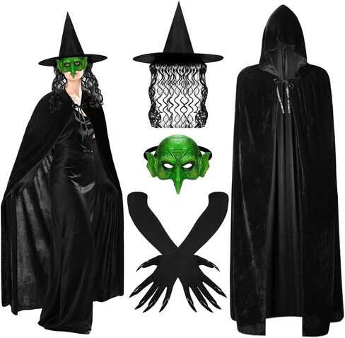 Jansun 4 PCS Halloween Witch Costumes, Hooded Cape Witch Hat Old Foam Goblin Half Face Eagle Nose Sorceress Mask Black Long Paw Gloves Cloak Horror Wizard Dress Up Halloween Cosplay Costume in Saudi Arabia