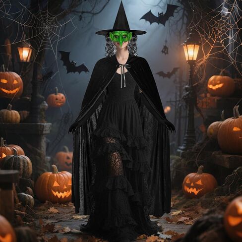 Jansun 4 PCS Halloween Witch Costumes, Hooded Cape Witch Hat Old Foam Goblin Half Face Eagle Nose Sorceress Mask Black Long Paw Gloves Cloak Horror Wizard Dress Up Halloween Cosplay Costume in Saudi Arabia