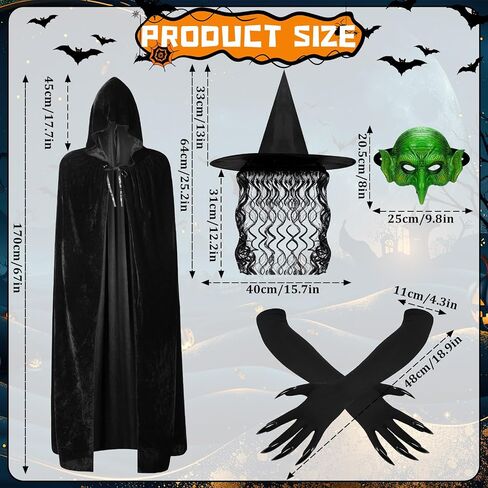 Jansun 4 PCS Halloween Witch Costumes, Hooded Cape Witch Hat Old Foam Goblin Half Face Eagle Nose Sorceress Mask Black Long Paw Gloves Cloak Horror Wizard Dress Up Halloween Cosplay Costume in Saudi Arabia