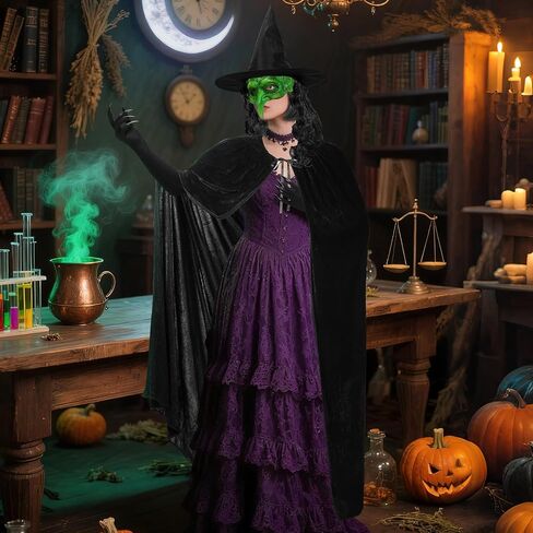 Jansun 4 PCS Halloween Witch Costumes, Hooded Cape Witch Hat Old Foam Goblin Half Face Eagle Nose Sorceress Mask Black Long Paw Gloves Cloak Horror Wizard Dress Up Halloween Cosplay Costume in Saudi Arabia