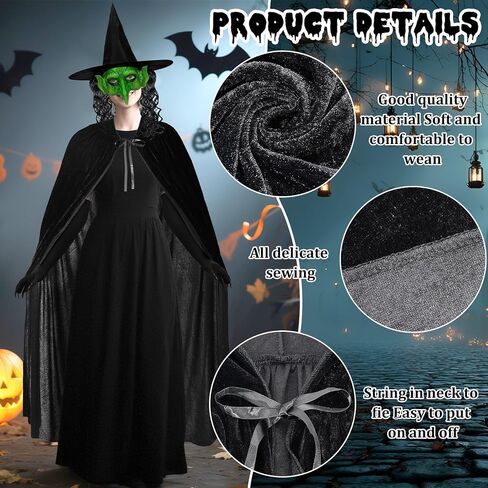 Jansun 4 PCS Halloween Witch Costumes, Hooded Cape Witch Hat Old Foam Goblin Half Face Eagle Nose Sorceress Mask Black Long Paw Gloves Cloak Horror Wizard Dress Up Halloween Cosplay Costume in Saudi Arabia