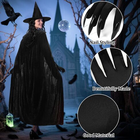 Jansun 4 PCS Halloween Witch Costumes, Hooded Cape Witch Hat Old Foam Goblin Half Face Eagle Nose Sorceress Mask Black Long Paw Gloves Cloak Horror Wizard Dress Up Halloween Cosplay Costume in Saudi Arabia