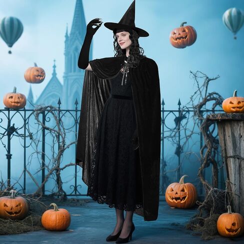 Jansun 4 PCS Halloween Witch Costumes, Hooded Cape Witch Hat Old Foam Goblin Half Face Eagle Nose Sorceress Mask Black Long Paw Gloves Cloak Horror Wizard Dress Up Halloween Cosplay Costume in Saudi Arabia