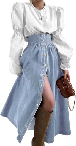 Utcoco Women's High Weavt Long Denim Skirt Button Down Swing A-Line Jean Maxi Tkirt مع جيوب in Saudi Arabia