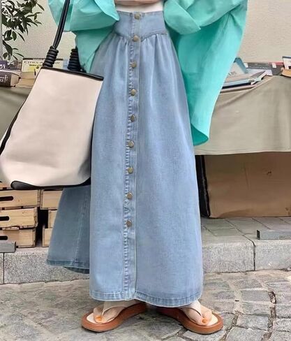 Utcoco Women's High Weavt Long Denim Skirt Button Down Swing A-Line Jean Maxi Tkirt مع جيوب in Saudi Arabia