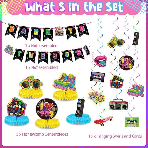 Blosssound 27 Pcs 80s Party Decorations Retro 80s Hip Hop Banner Hanging Swirls Ceiling Honeycomb Centerpieces for Adults Back to the 80s 1980s Throwback Birthday Party Neon Party Decor Supplies in Kuwait