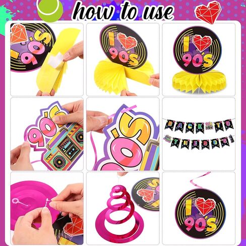 Blosssound 27 Pcs 80s Party Decorations Retro 80s Hip Hop Banner Hanging Swirls Ceiling Honeycomb Centerpieces for Adults Back to the 80s 1980s Throwback Birthday Party Neon Party Decor Supplies in Kuwait