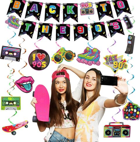 Blosssound 27 Pcs 80s Party Decorations Retro 80s Hip Hop Banner Hanging Swirls Ceiling Honeycomb Centerpieces for Adults Back to the 80s 1980s Throwback Birthday Party Neon Party Decor Supplies in Kuwait