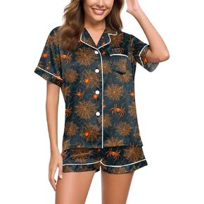 Halloween Pajamas for Women Set Ghost Print Cute Pj Sets Buttons Short Sleeve Tops And Shorts Satin Comfy Loungewear Set in Kuwait