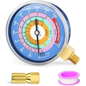 MEANLIN MEASURE Refrigeration Pressure Gauge, 1/8"NPT, 30 in HG to 250Psi, 2-3/4" Dial, R-404A, R-22, R-410A, Degree F, with 1/8" x 1/4" NPT and 1/8" x 3/8" NPT Hex Bushing, Blue Dial, Lower Mount in Kuwait