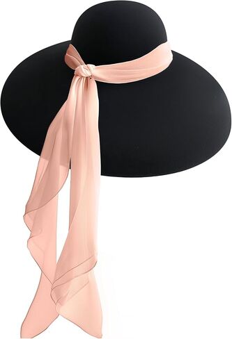 Women's Adjustable Black Wide Brim Wool Hat - Audrey Hepburn-Inspired Old Money Fashion Statement Hat (One-Size) in Saudi Arabia