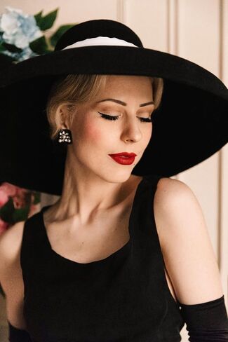Women's Adjustable Black Wide Brim Wool Hat - Audrey Hepburn-Inspired Old Money Fashion Statement Hat (One-Size) in Saudi Arabia