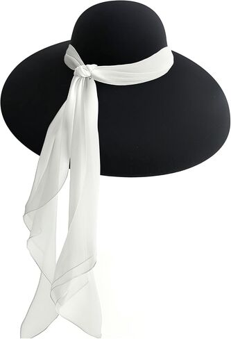 Women's Adjustable Black Wide Brim Wool Hat - Audrey Hepburn-Inspired Old Money Fashion Statement Hat (One-Size) in Saudi Arabia