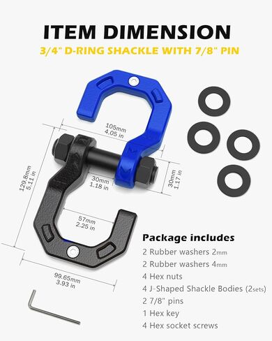 Separate D-Ring Shackles, 2Pack, 3/4" Separate D-Ring Shackles 7/8" Pin, 57320lbs Breaking Strength, Heavy Duty Forged Steel, D-Ring Towing Winch Shackle for Recovery, 4x4 Off-Road, Black Blue in Kuwait