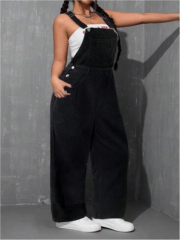WDIRARA Women's Plus Size Denim Overall Straight Leg Jean Jumpsuit with Pockets in Saudi Arabia