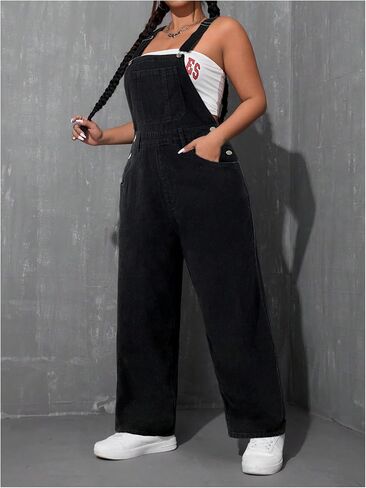 WDIRARA Women's Plus Size Denim Overall Straight Leg Jean Jumpsuit with Pockets in Saudi Arabia