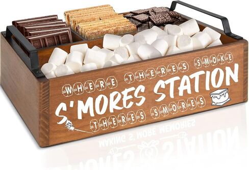 محطة البار الخشبية S'mores (بني) - حامل Caddy مع مقابض - S'mores تقدم صينية للمطبخ - S'mores Maker Box ل Smores Kiding Decor in Kuwait