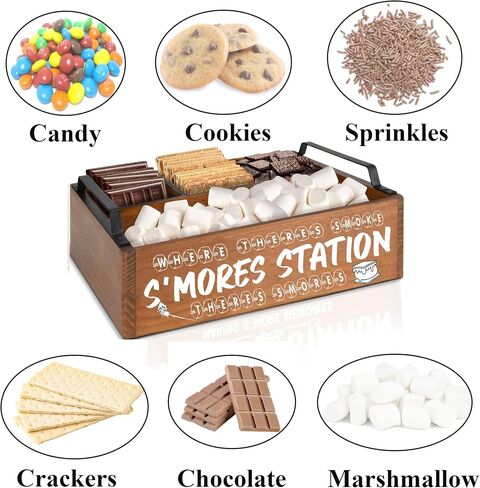 محطة البار الخشبية S'mores (بني) - حامل Caddy مع مقابض - S'mores تقدم صينية للمطبخ - S'mores Maker Box ل Smores Kiding Decor in Kuwait